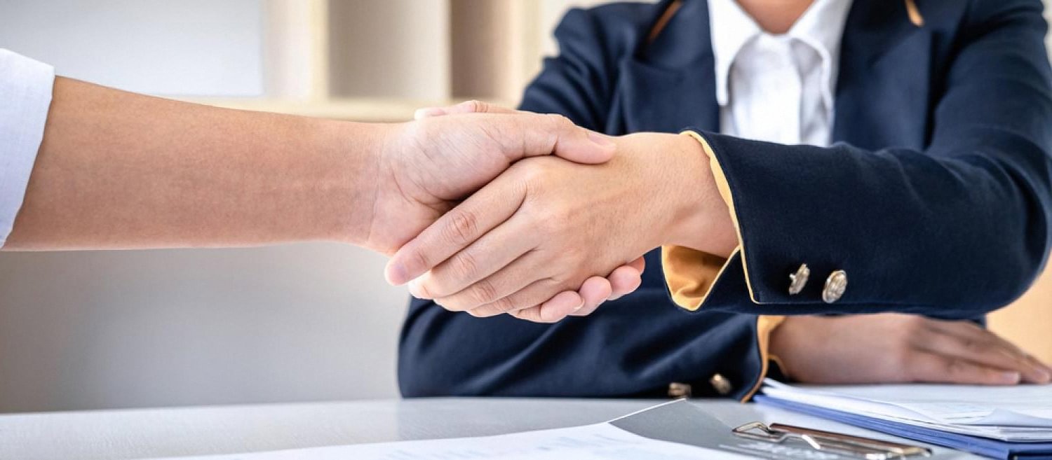 HR manager and candidate shaking hands after a successful interview in an office