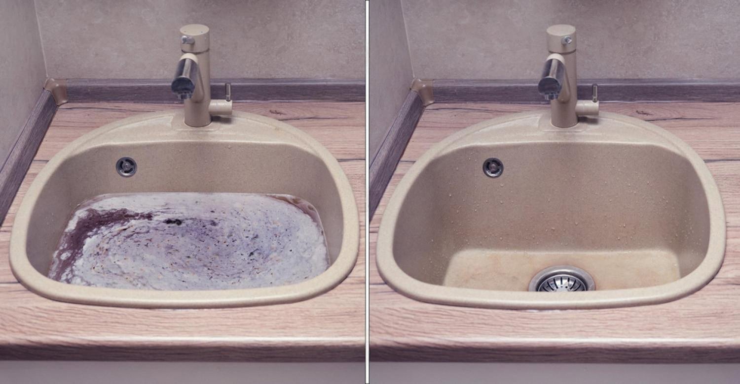 Before and after photo of a clogged kitchen sink cleared by a plumber
